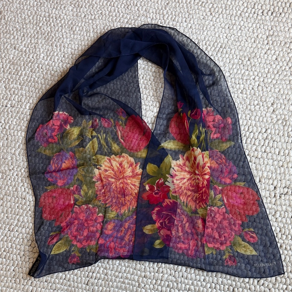 Vintage Ellen Tracy Silk Floral Navy Scarf